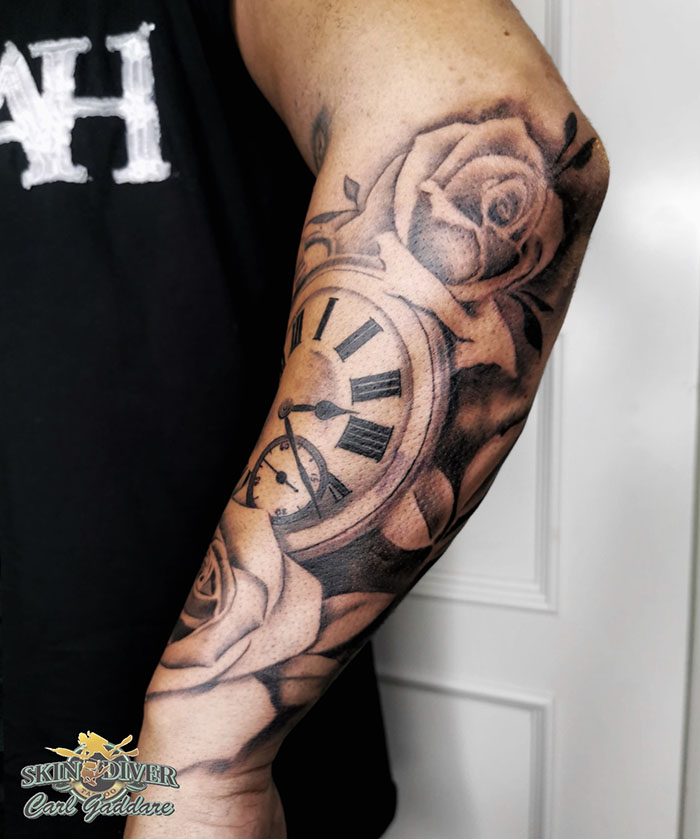Tattoo Lower Sleeve Clock Roses
