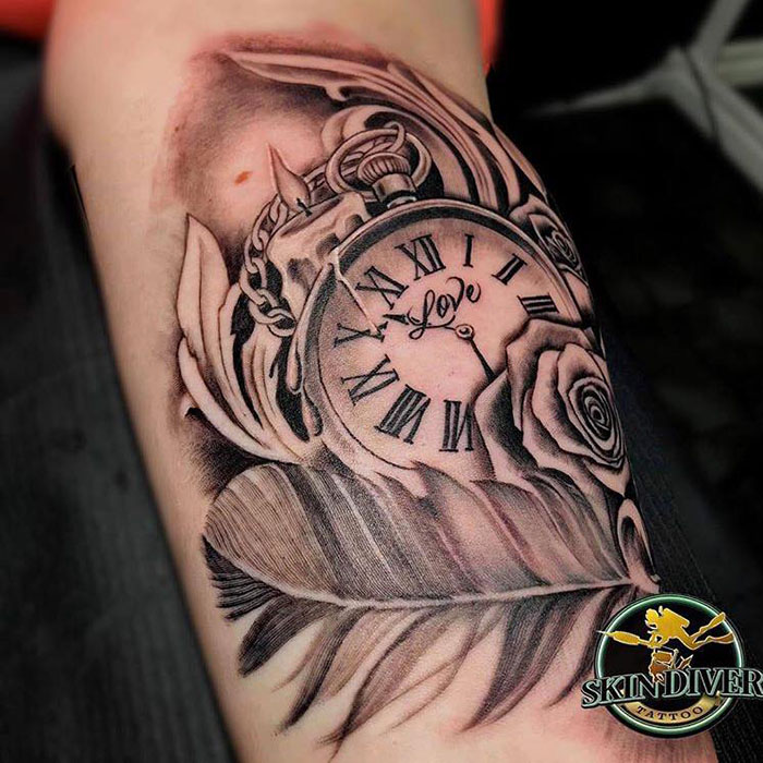 Tattoo Pocket Watch Rose Feather